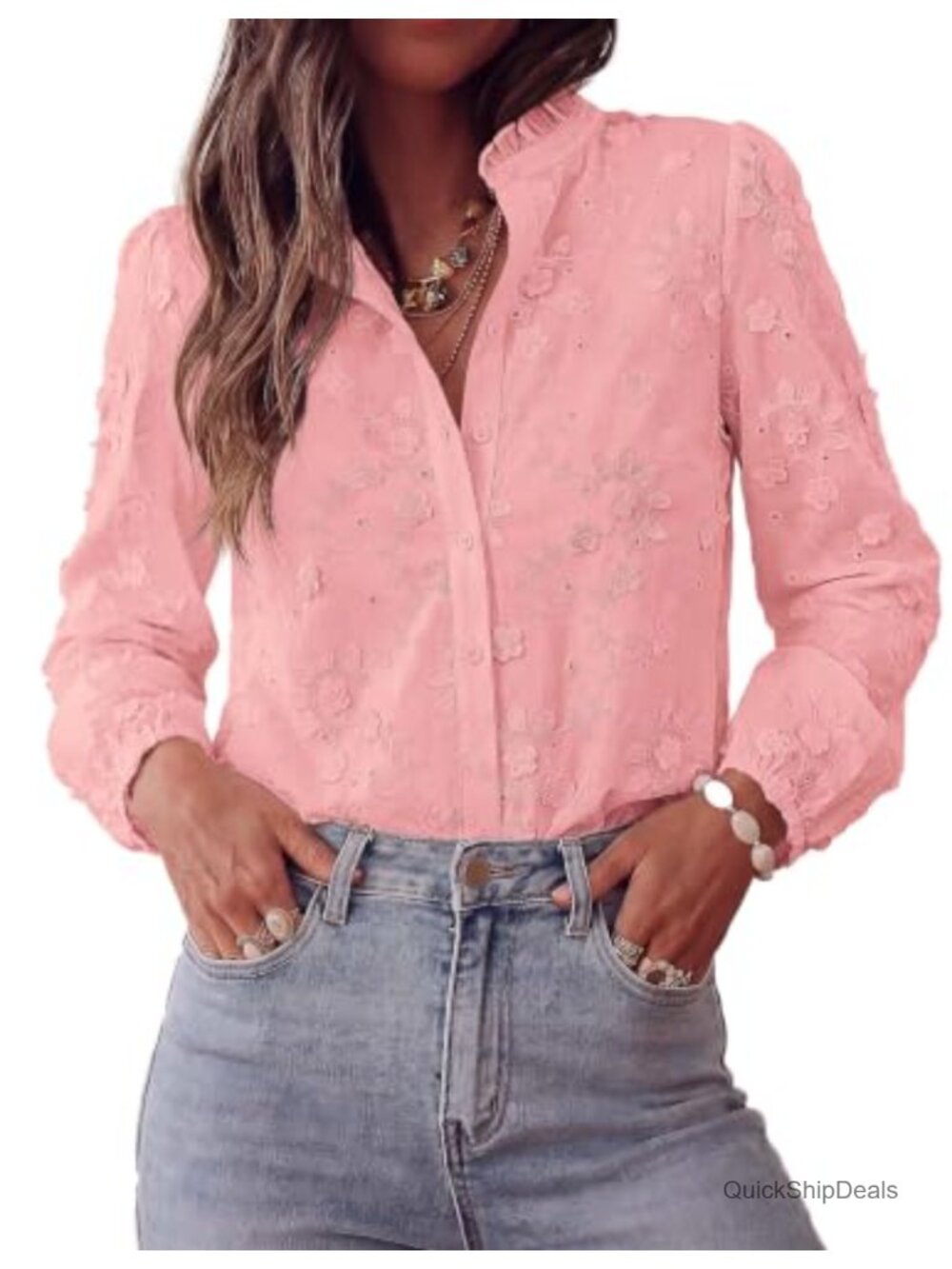 Women's Floral Embroidered Button Down Blouse Ruffle Collar Work Top